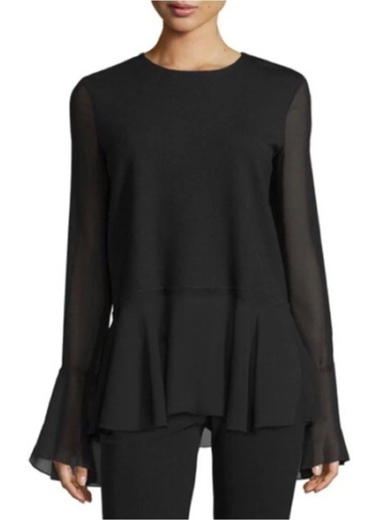 Theory Lexanda C Idol Bell-Sleeve Peplum Blouse Top Black Sz L